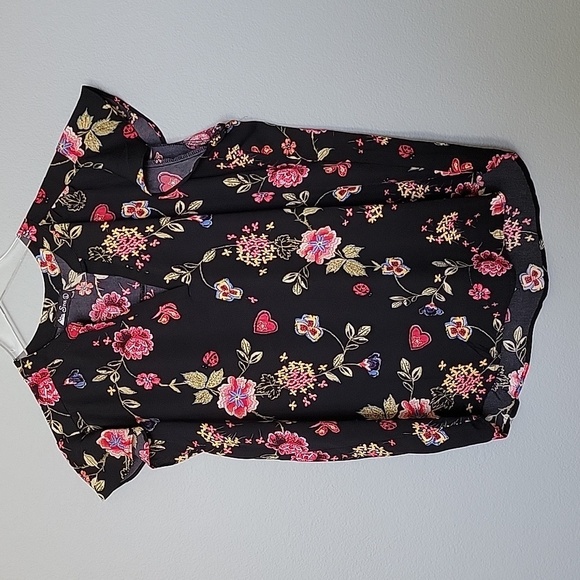 Split neck flutter sleeve floral Shirttail Hem blouse large - Picture 1 of 5